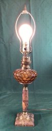 Antique Lamp With Amber Glass Center Piece, Marble Column, WORKS - See Photos