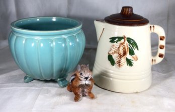 Teal Pottery Planter And Pitcher With Lid - Lot Of 2