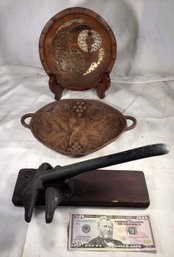 Antique Press, Wood Bowl And Wood Tray With Handles - Lot Of 3