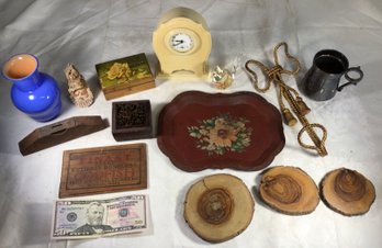 Found In A Cupboard - Print Block, Clock, Glass Bird Paperweight, Wood Finast Cod Fish Sign, & More! Lot Of 14