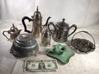 Silver Plate Metal Lot, Plus An Antique Music Box W/ Scenic Top