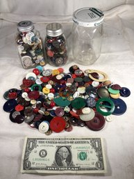 Button Lot In 3 Glass Jars