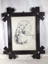 Japanese Sketch Of A Girl In Antique Criss-Cross Frame - 9.5 In X 12.25 In - #F