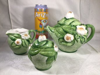 Cabbage Tea Pot With Creamer And Sugar
