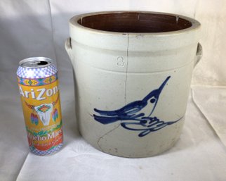 Antique 3 Gallon Crock With Cobalt Bird - Height 10 In, 10.5 In Diameter - See Photos