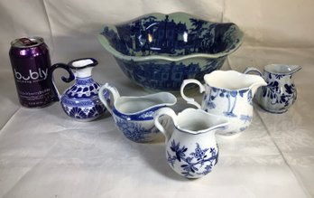 Blue And White Bowl And 5 Creamers