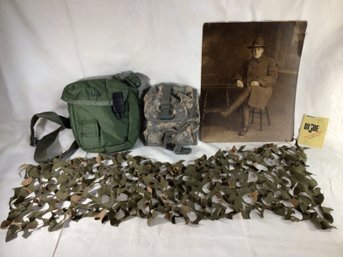 Military Lot - 2 Qt. Water Canteen, Pouch, Helmet Camouflage Netting, Antique Photograph And Top Secret GI Joe