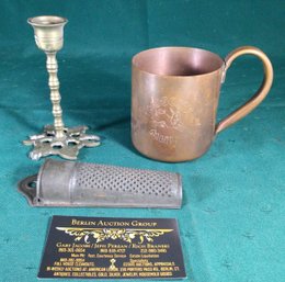 Metal Lot - Copper Moscow Mule Mug, Brass Candle Holder, And Antique Cheese Grater
