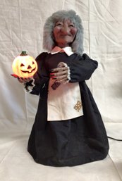 Vintage Animatronic Halloween Witch With Lighted Pumpkin - Works! 1987