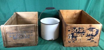 Two Vintage Wood Crates & White Enamel Bucket With Handle - See Description For Dimensions