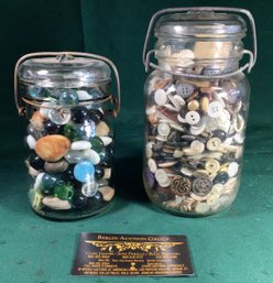 2 Mason Jars, One Filled With Vintage Buttons And One With Smoothed Glass And Tumbled Stones