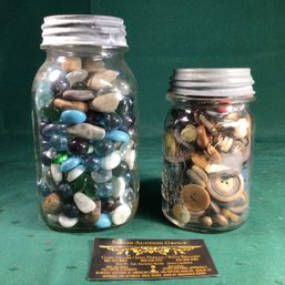 2 Glass Jars, One Filled With Vintage Buttons And One With Smoothed Glass And Tumbled Stones