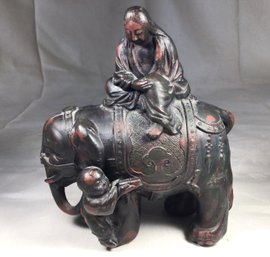 Antique Bronze Buddha Sitting On Elephant - Height 6 In
