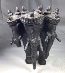 Antique Bronze Three Headed Elephant, Very Old - Height 6.5 In - As Is, One Trunk Missing, See Photos