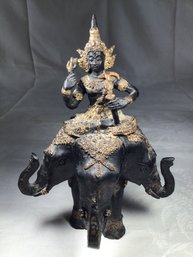 Antique Bronze Three Headed Elephant Hindu God With Gold Guilding - Height 7.5 In