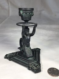 Antique Painted Bronze Egyptian Candlestick Holder - Height 4.5 In