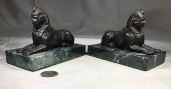 Antique Egyptian Bronze And Marble Sphinx Bookends - Height 4 In