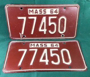 Pair Of 1964 Mass License Plates 77450 - See Other Listings For A Series Of Plates With The Same Number