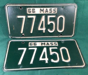 Pair Of 1966 Mass License Plates 77450 - See Other Listings For A Series Of Plates With The Same Number