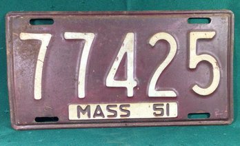 1951 Mass License Plate 77425 - See Other Listings For A Series Of Plates With The Same Number