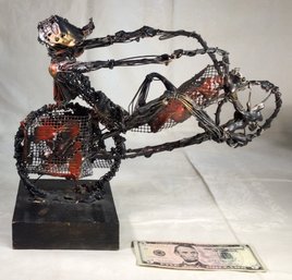 Vintage Abstract Wire Sculpture Motorcycle Rider - 12 In X 16 In