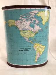 Vintage Tin Rand McNally Metal World Map Global Garbage Trash Can - Height 13 In