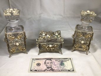 Vintage Vanity 2 Perfume Bottles & Trinket Jewelry Box Filigree Faux Pearls