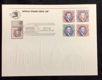 1989 World Stamp Expo Souvenir Card Embossed