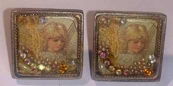 Pair Vintage Jewelry, Clip Earrings , Porcelain W/ Moving Beads Under Glass, SHIPPABLE