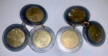 Pair Vintage Jewelry, Clip Earrings, Each W/three 500 L Italian Coins., SHIPPABLE