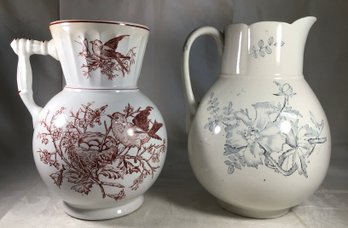 2 Large Pitchers, Floral & Foliage Designs - Approx. 12 In Height
