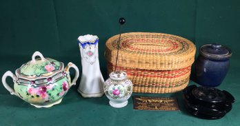 Antique Hatpin Holders, Porcelain & Native Basket, Glass Flower Frog, Stoneware Covered Mustard. NICE LOT!