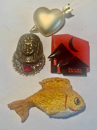 4 Pinback Brooches, 1 Inch Heart, Egyptian Revival, My Sisters Place House, Signed Peoria 97 Fish, SHIPPABLE