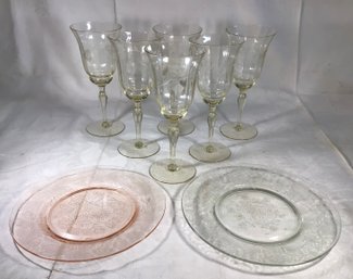 6 Yellow Depression Glass Etched Wine Glasses, And 1 Pink And 1 Clear Depression Glass Plates