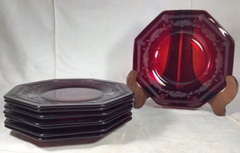 8 Ruby Glass Plates With Etching - 8.5 In Diameter