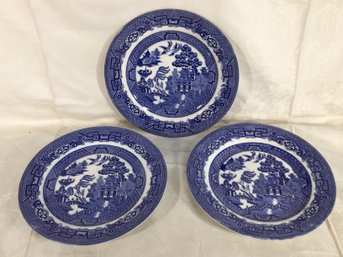 3 Antique Blue And White Plates, England Willow