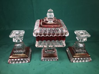 Clear And Ruby Red Glass Candy Dish And Pair Of Candlestick Holders