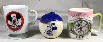 Vintage Mickey Mouse Club Member Mug, Ball Cap Baseball Walt Disney, Mickey Mouse Time Watch Mug - Lot Of 3
