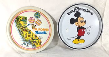 2 Vintage Disney Metal Trays, Disneyland, California And Walt Disney World