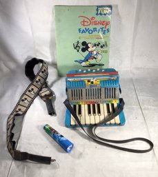 Disney Lot - Music Book, Mickey Mouse Shoulder Strap, Mickey Mouse Instrument, And Flashlight