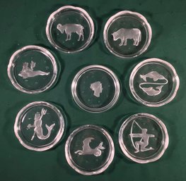8 Val St Lambert Frosted Intaglio Zodiac Coasters, SHIPPABLE