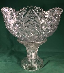 Antique Glass Punch Bowl On Glass Pedestal - Two Pieces - Bowl Diameter 15 In - See Photos