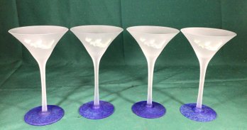4 Grey Goose Frosted Martini Glasses Marbled Blue Base 6 1/2' Frosted Geese