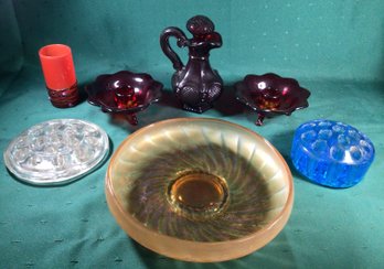 Glass Iridescent Bowl, Pr. Ruby Candle Stick Holders, Avon Pitcher, Small Art Glass, Two Glass Flower Frogs