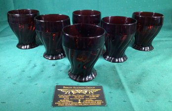 Set Of Six Ruby Red Glass Tumblers Swirl Pattern