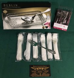 Glass Pickle Dish With Stainless Server In Box, 7 Stainless Forks, And Box Of Heavy Duty Miniature Forks