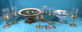 8 Pc Amber And Gold Glass - 6 Amber Wine Glasses, Amber And Gold Compote, And Glass Sherbet