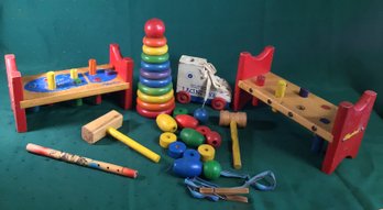 Vintage Fisher Price Pounding Bench, Wooden Stacking Toy, Cobbler Bench, Lacing Shoe, And Large Wooden Beads