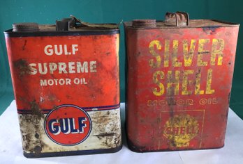 Vintage Gulf Supreme And Shell Silver Shell Oil Cans - See Description