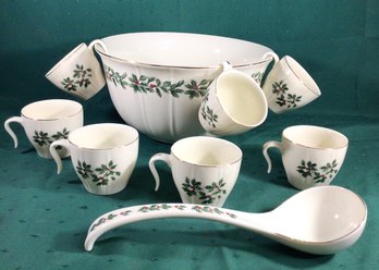 Beautiful Holly Collection Punch Bowl With 7 Hanging Mugs And Ladle - Formalities By Baum Bros.